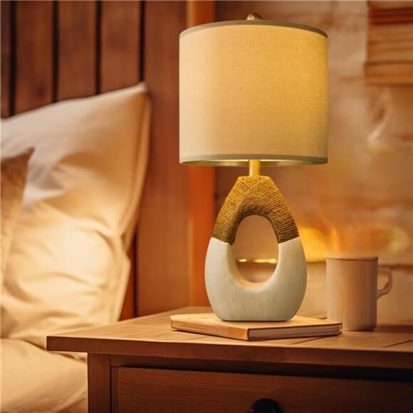 OYEARS Boho Table Lamps Bedroom Living Room Set 2 Small Farmhouse Rattan Table - Picture 4 of 7